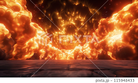 "爆発し炎上する炎のバトルグラウンド."<AI生成素材> "爆発し炎上する炎のバトルグラウンド."<AI生成素材> 115948433