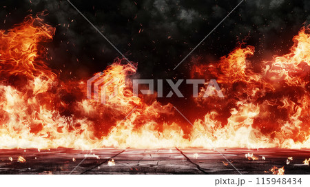 " 燃え盛る炎のバトルグラウンド "<AI生成素材> 115948434