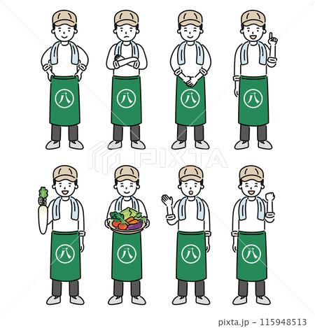 いろいろなポーズと表情の八百屋の男性イラストセット 115948513