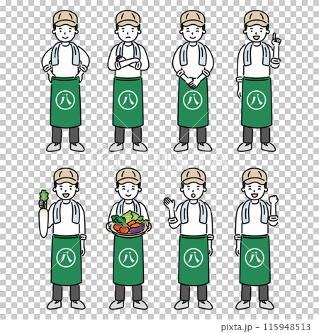 いろいろなポーズと表情の八百屋の男性イラストセット 115948513