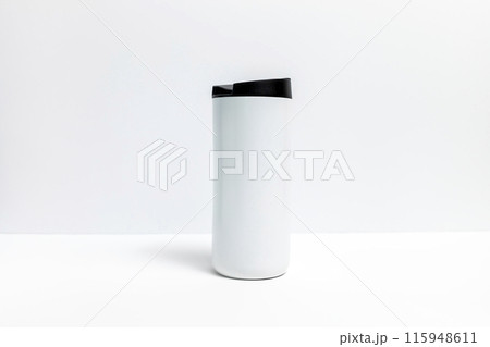 Isolated Metal Coffee Travel Mug with Black Cap On White Background. Thermal Cup For Beverage Or Drinks, Horizontal Plane. Stainless Steel Thermos. Backdrop 115948611
