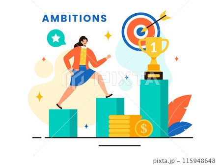 Ambition Illustration with Entrepreneur Climbing the Ladder to Success and Career Development on a Flat Cartoon Business Plan Background 115948648