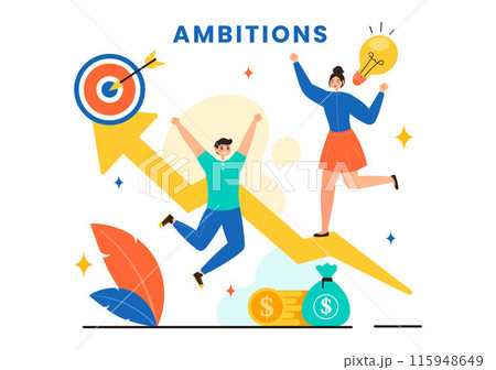 Ambition Illustration with Entrepreneur Climbing the Ladder to Success and Career Development on a Flat Cartoon Business Plan Background 115948649