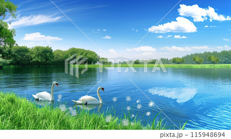 Tranquil Elegance: Swans on the Lake. Generative AI Tranquil Elegance: Swans on the Lake. Generative AI 115948694
