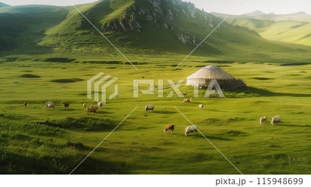 Summer Pastoral: Yurt Amidst Grazing Livestock. Generative AI	 115948699