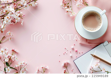 Flat lay white cup with coffee sits on a table next to a notebook and a bunch of pink flowers. Concept of relaxation and comfort with copy space 115949189