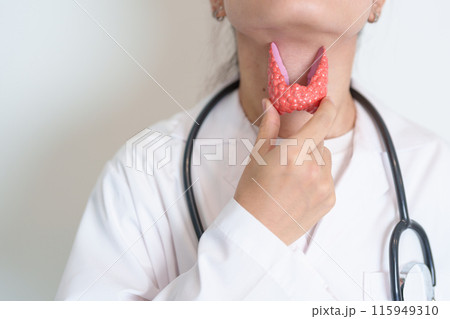 Doctor with human Thyroid anatomy model. Hyperthyroidism, Hypothyroidism, Hashimoto Thyroiditis, Thyroid Tumor and Cancer, Postpartum, Papillary Carcinoma and Health concept 115949310