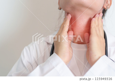 Woman checking Thyroid gland disease. Hand holding Neck pain. Hyperthyroidism, Hypothyroidism, Hashimoto Thyroiditis, Thyroid Tumor and Cancer, Postpartum, Papillary Carcinoma and Health concept 115949316