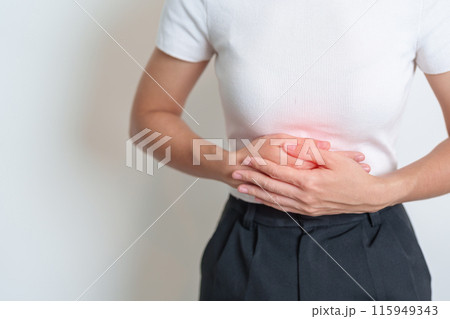 Woman having Stomach pain. Ovarian and Cervical cancer, Cervix disorder, Endometriosis, Hysterectomy, Uterine fibroids, Reproductive system, menstruation, diarrhea, digestive system and Pregnancy Woman having Stomach pain. Ovarian and Cervical cancer, Cervix disorder, Endometriosis, Hysterectomy, Uterine fibroids, Reproductive system, menstruation, diarrhea, digestive system and Pregnancy 115949343