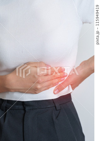 Woman having back pain. Urinary system and Stones, Cancer, world kidney day, Chronic kidney stomach, liver pain and pancreas concept 115949419