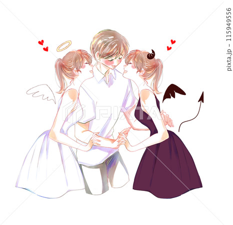 天使と悪魔に挟まれている男性　赤面 115949556