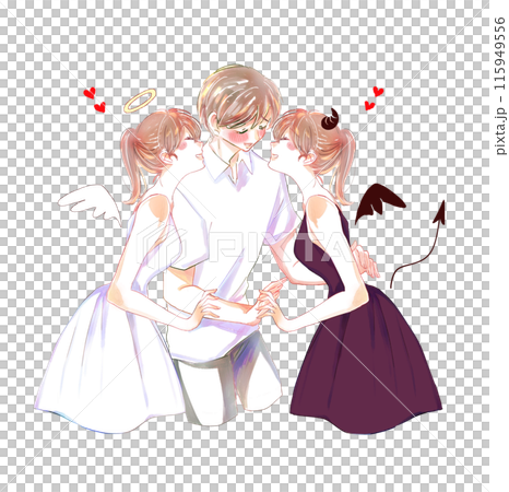 天使と悪魔に挟まれている男性　赤面 115949556