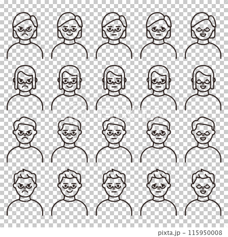 一組頭像圖標，其中有戴眼鏡的人的男性和女性面部表情模式 115950008