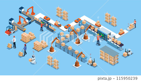 Automated warehouse robotic and autonomous robot transportation service concept with Automated Guided Vehicles (AGVs) and Autonomous Mobile Robots (AMRs). Vector illustration EPS 10 Automated warehouse robotic and autonomous robot transportation service concept with Automated Guided Vehicles (AGVs) and Autonomous Mobile Robots (AMRs). Vector illustration EPS 10 115950239