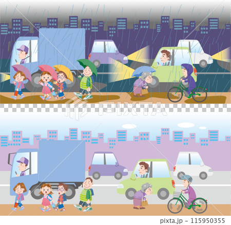 交通安全<雨の日の街中・晴れの日の街中&子供> 交通安全<雨の日の街中・晴れの日の街中&子供> 115950355