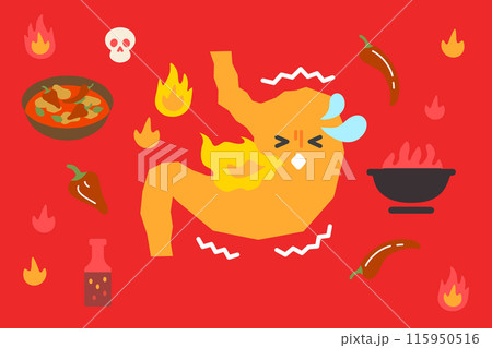 カレーなどの辛いものを食べた胃のイラスト 115950516