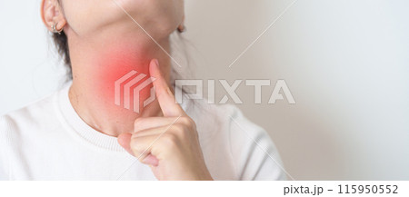 Woman checking Thyroid gland disease. Hand holding Neck pain. Hyperthyroidism, Hypothyroidism, Hashimoto Thyroiditis, Thyroid Tumor and Cancer, Postpartum, Papillary Carcinoma and Health concept 115950552