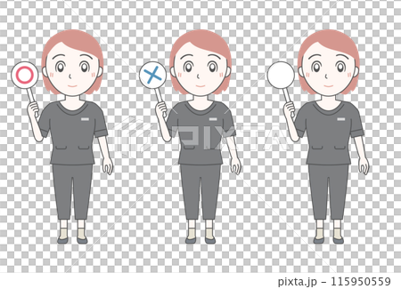Aesthetician holding a true or false card (full body, one hand) 115950559
