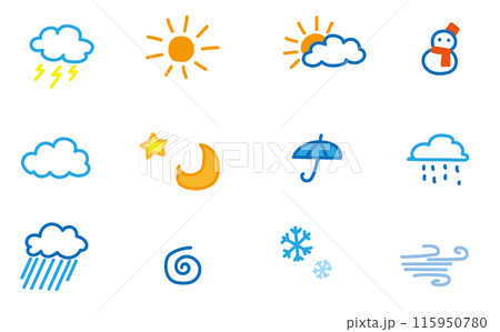 カラフルな天気のかわいいイラスト素材セット 115950780