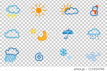 カラフルな天気のかわいいイラスト素材セット 115950780