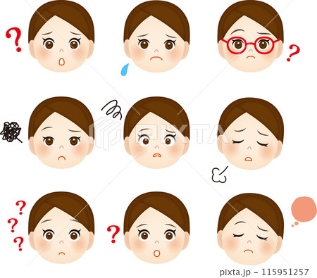 若い女性のネガティブな表情セット 115951257