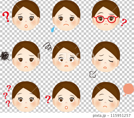 若い女性のネガティブな表情セット 115951257