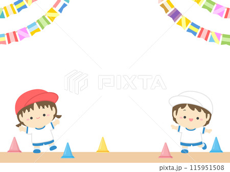 運動会の背景フレーム素材、子供たちと運動場と万国旗のイラスト02 115951508