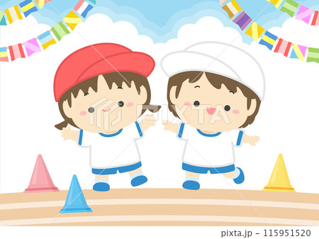運動会の背景フレーム素材、笑顔の子供たちと運動場と晴れた空のイラスト03 115951520