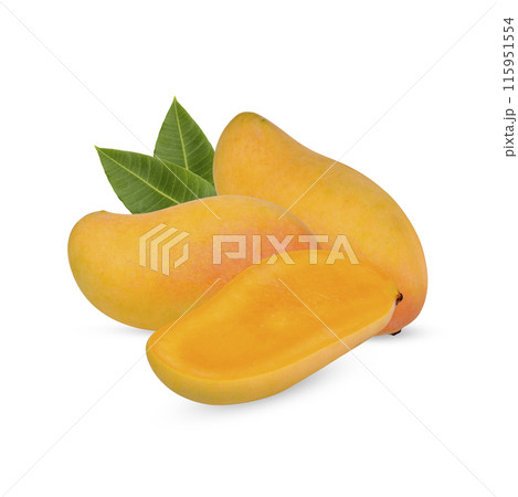 Mango fruit and sliced with leaves isolated on white background Mango fruit and sliced with leaves isolated on white background 115951554