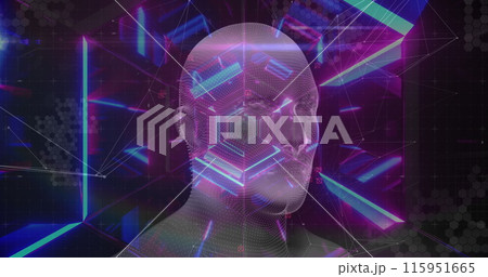 Network of connections over human face model spinning against hexagonal tunnel in seamless pattern Network of connections over human face model spinning against hexagonal tunnel in seamless pattern 115951665