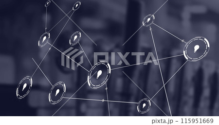 Image of bulb icons in loading circles connected with lines over abstract background 115951669