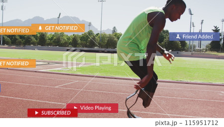 Image of notification bars, african american athlete tired after running falling on race track 115951712
