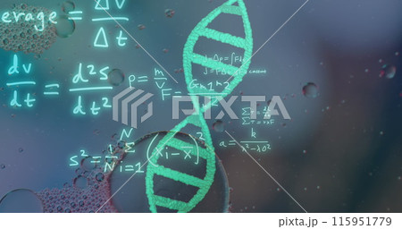 Image of bubbles over dna strand and mathematical equations on blue background 115951779