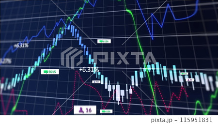 Image of social media icons and financial data processing against blue background Image of social media icons and financial data processing against blue background 115951831