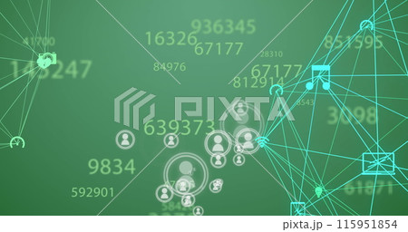 Image of changing numbers, profile icons, spinning globes of digital icons on green background Image of changing numbers, profile icons, spinning globes of digital icons on green background 115951854