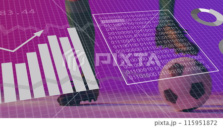 Image of charts and data processing over legs of caucasian male football player with ball 115951872