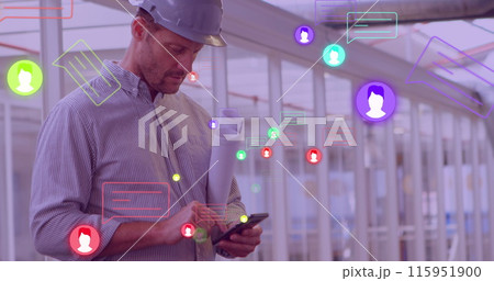 Image of media icons over caucasian male worker using smartphone Image of media icons over caucasian male worker using smartphone 115951900