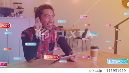 Image of media icons over happy asian man using smartphone 115951929