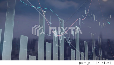 Image of statistical data processing against aerial view of cityscape 115951961