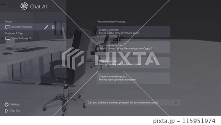 Chat ai logo and conversation text over desks and chairs in empty business office 115951974
