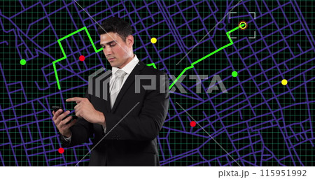 Caucasian businessman using a smartphone against navigation map line scheme on black background Caucasian businessman using a smartphone against navigation map line scheme on black background 115951992