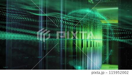 Image of data processing and green digital wave against computer server room 115952002