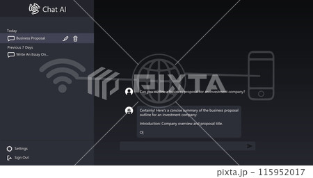 Chat ai logo and conversation text over network of wi fi, globe and smartphone icons 115952017