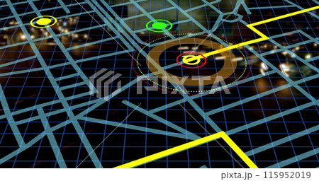 Navigation map line scheme against time-lapse of night city traffic in background 115952019