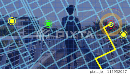 Navigator pin over navigation map line scheme against rear view of african american fit man running 115952037
