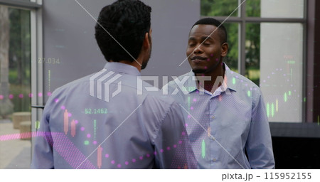 Image of data processing over diverse business people talking Image of data processing over diverse business people talking 115952155