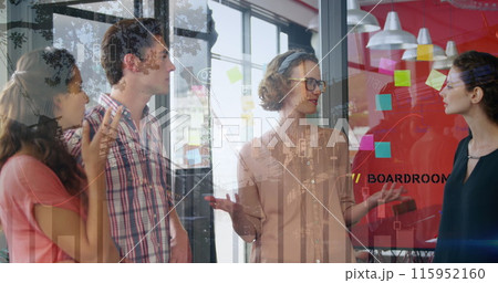 Image of data processing over diverse business people talking Image of data processing over diverse business people talking 115952160