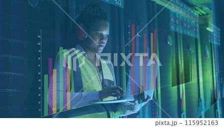 Image of data processing, african american female it technician and laptop by computer servers 115952163