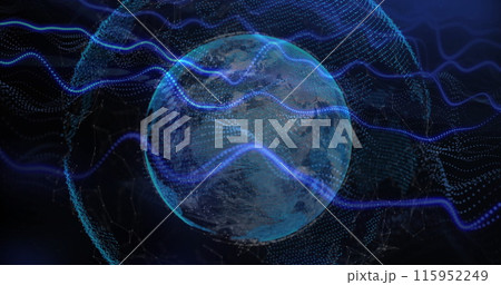 Image of dynamic wave pattern and dots around globe over abstract background 115952249