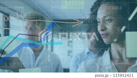 Image of blue lines and data processing over diverse business people in office 115952421